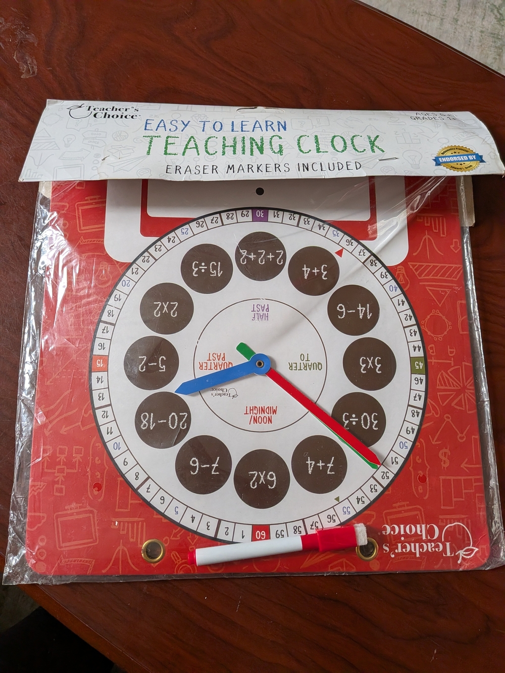 New Easy to Learn Red Teaching Clock with Eraser Marker